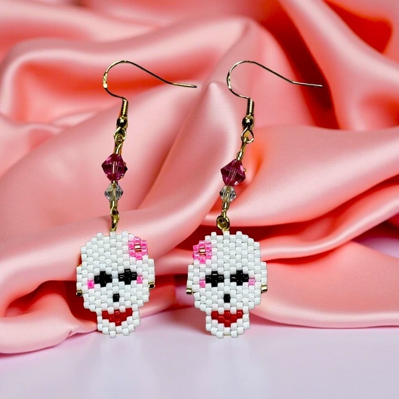 Beaded Whimsical Skull Earrings with Pink Accents - Gold Plated - Hand Crafted - Picture 1 of 6
